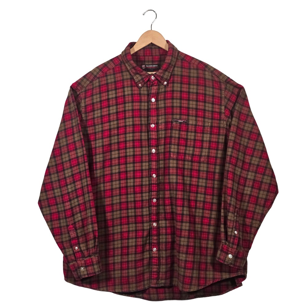 Vtg Y2K Polo Jeans Co Ralph Lauren Plaid Flannel Shirt Mens 3XT Red Brown‎